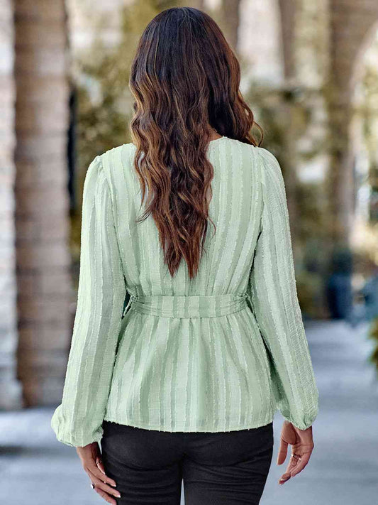 V-Neck Tie Waist Long Sleeve Blouse