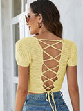 Lace-Up Openwork Square Neck Sweater