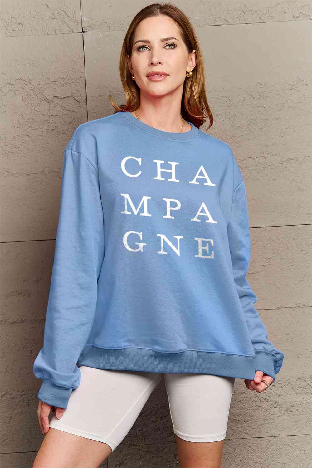 Simply Love Full Size CHAMPAGNE Graphic Long Sleeve Sweatshirt