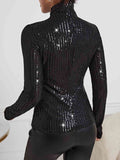 Sequin Turtleneck Long Sleeve Blouses