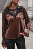 Lace Detail Round Neck Smocked Flounce Sleeve Blouse