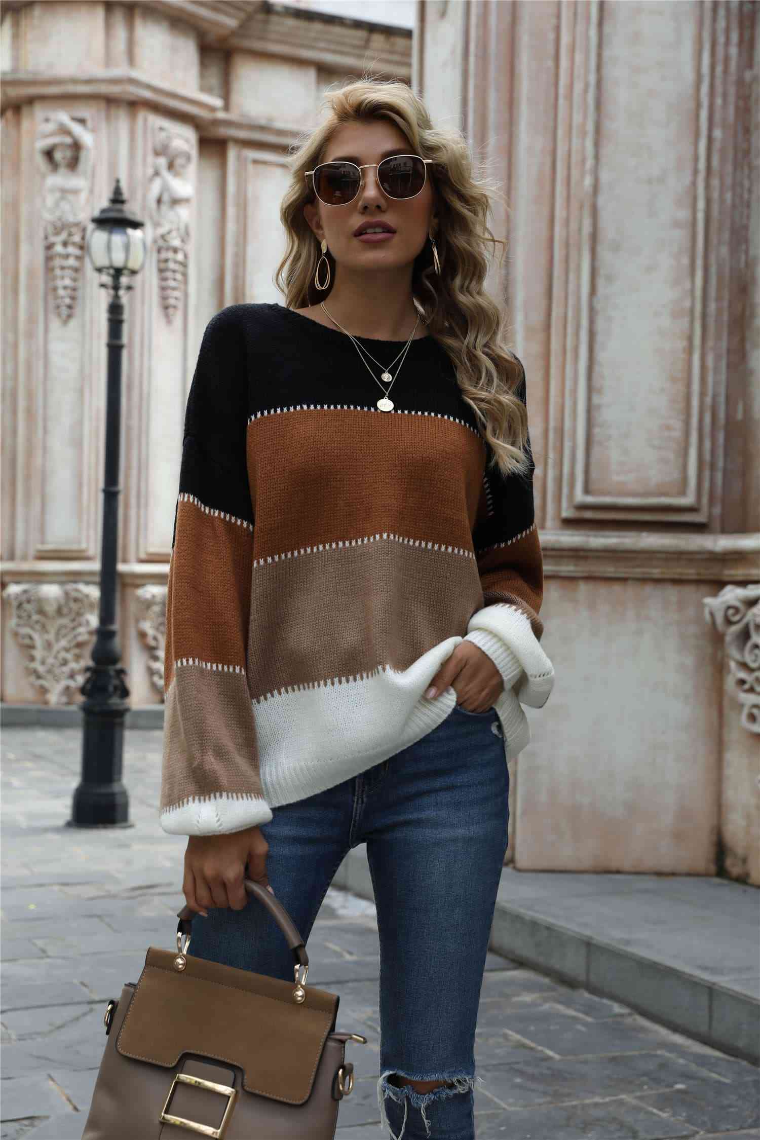 Color Block Round Neck Sweater