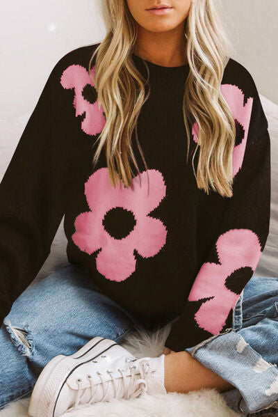 Round Neck Floral Pattern Color Contrast  Design Long Sleeve Sweater