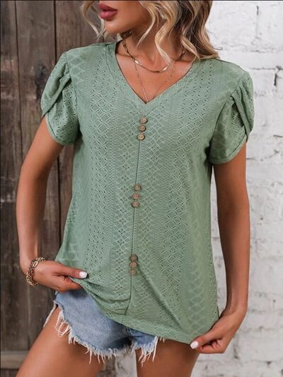 Eyelet V-Neck Petal Sleeve T-Shirt