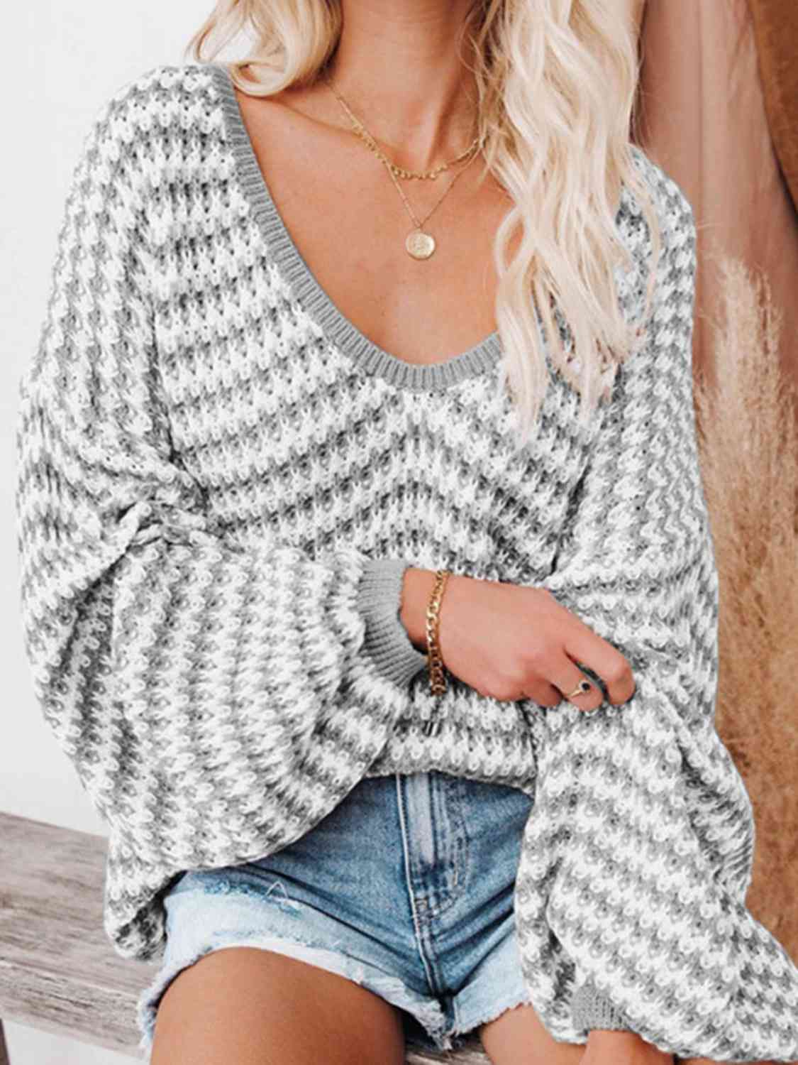 Striped Drop Shoulder V-Neck Sweater