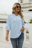 Swiss Dot Notched Neck Three-Quarter Sleeve Blouse