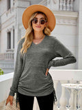 Drawstring V-Neck Long Sleeve T-Shirt