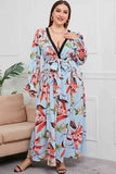 Plus Size Belted Surplice Flounce Sleeve Maxi Dress