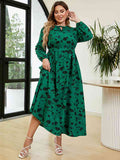 Plus Size Printed Long Sleeve Tie Neck Dress