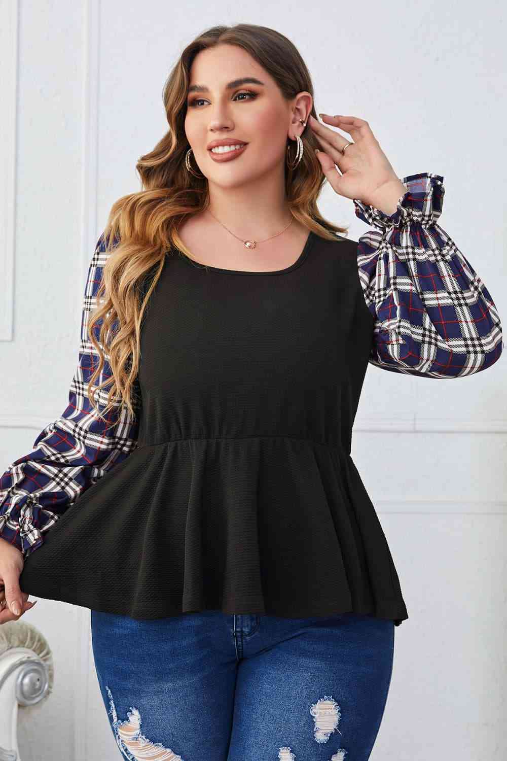 Melo Apparel Plus Size Plaid Print Square Neck Ruched Blouse