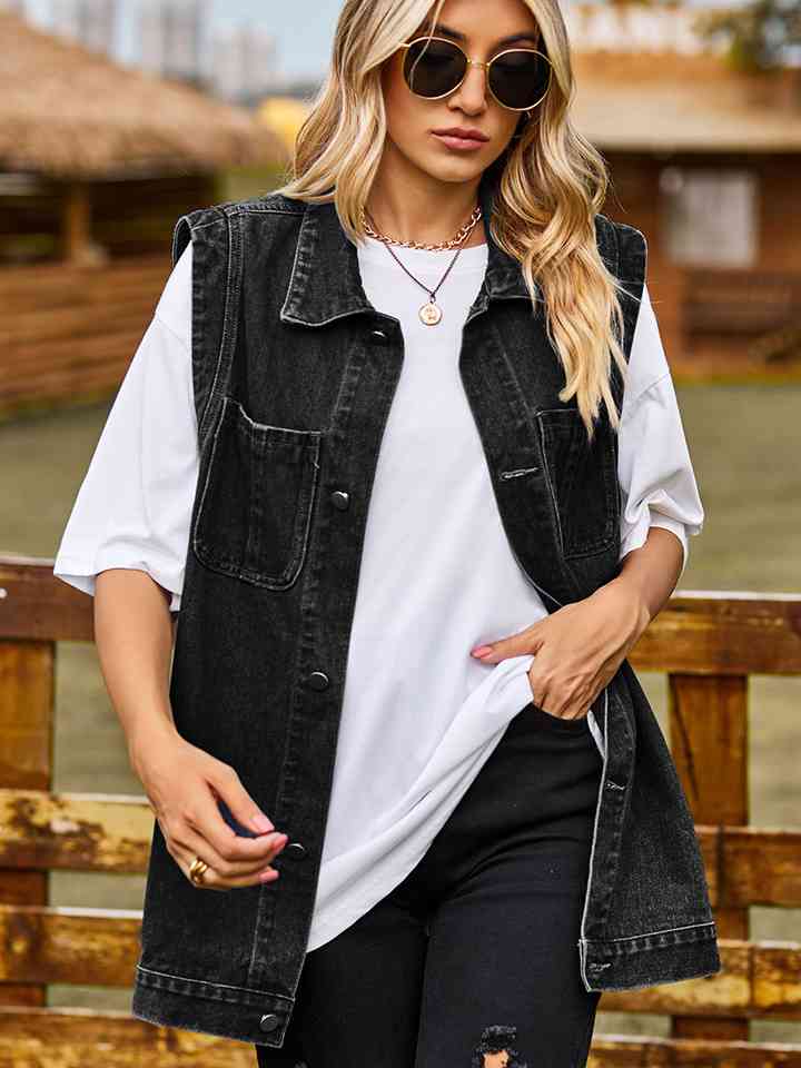 Button Up Sleeveless Denim Jacket