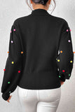 Pom-Pom Trim Mock Neck Long Sleeve Pullover Sweater