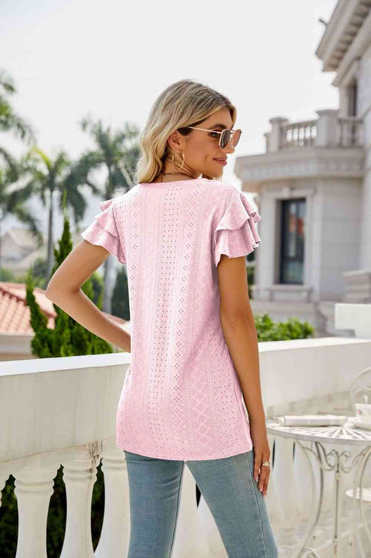 Eyelet Layered Flutter Sleeve V-Neck Top