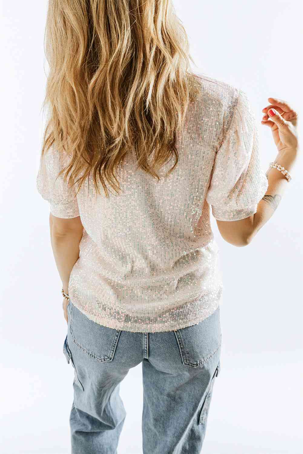 Sequin Round Neck Short Sleeve Top