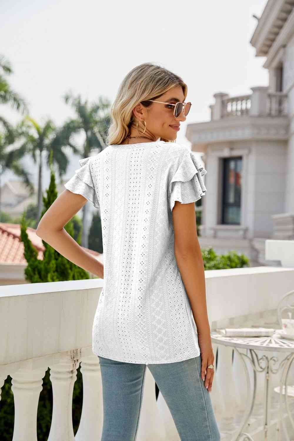 Eyelet Layered Flutter Sleeve V-Neck Top