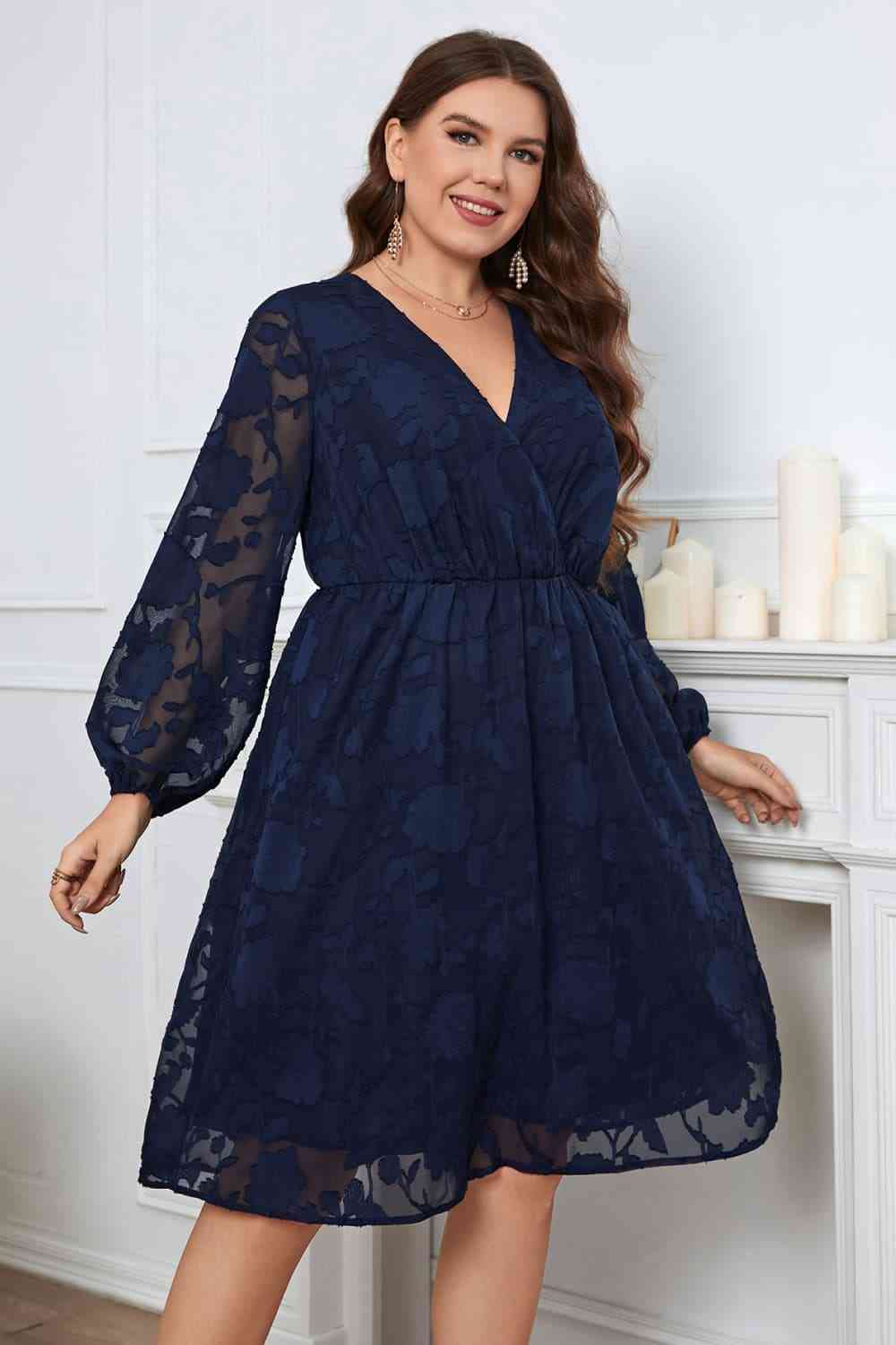 Melo Apparel Plus Size Surplice Neck Balloon Sleeve Dress