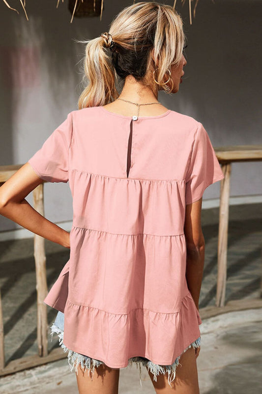Round Neck Short Sleeve Tiered Blouse