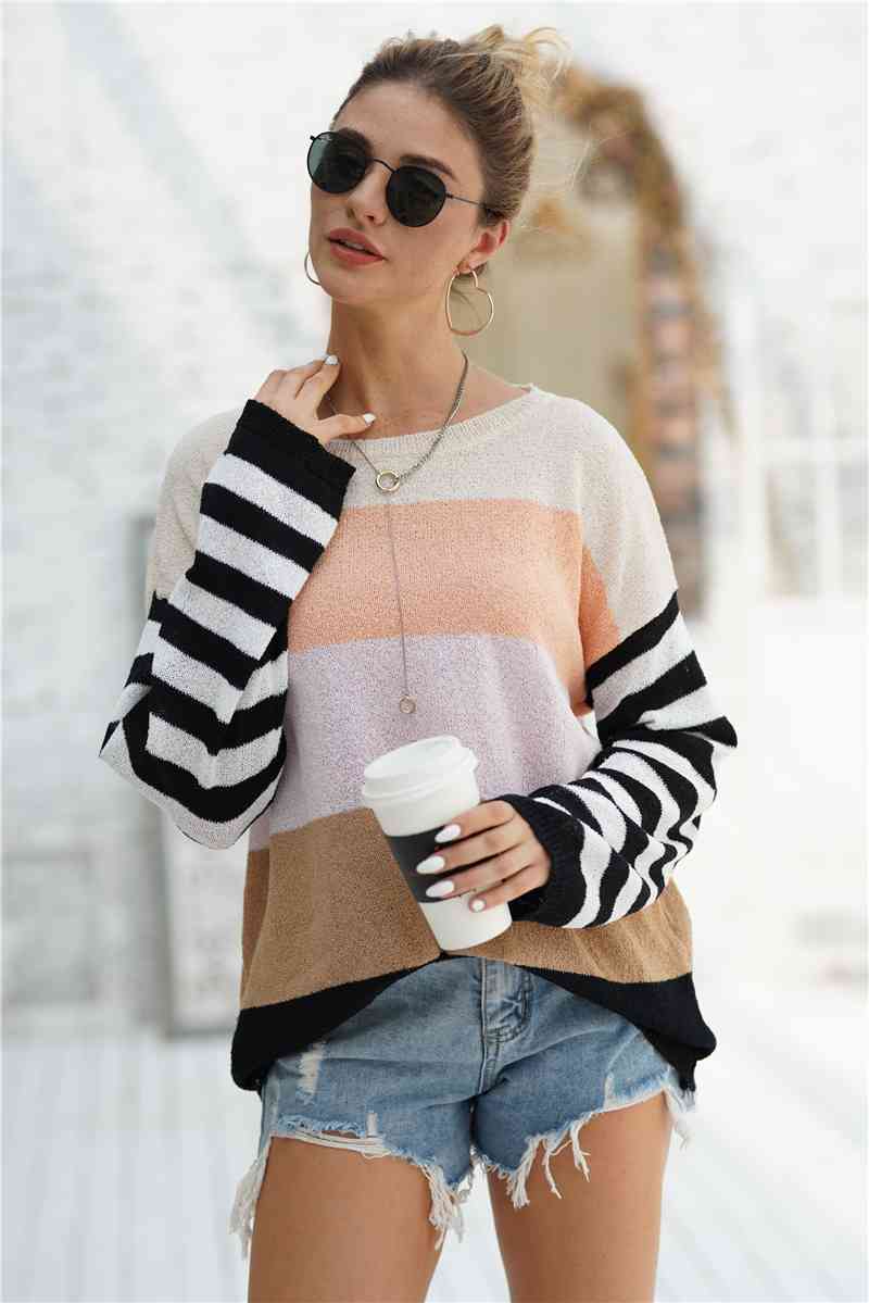 Striped Ribbed Trim Bell Sleeve Sweater