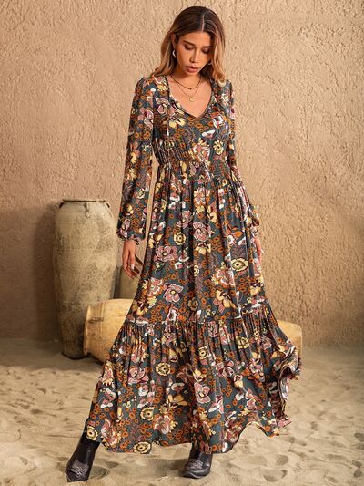 Printed Tie Neck Balloon Sleeve Dress