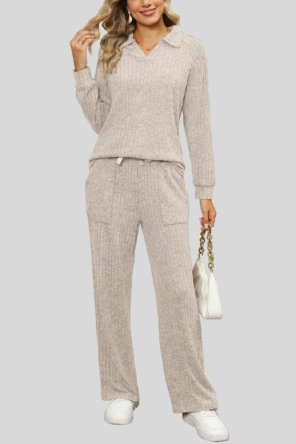 Ribbed Long Sleeve Top and Pocketed Pants Set