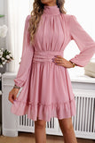 Frill Ruched Mock Neck Balloon Sleeve Dress