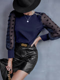 Swiss Dot Lantern Sleeve Round Neck Blouse