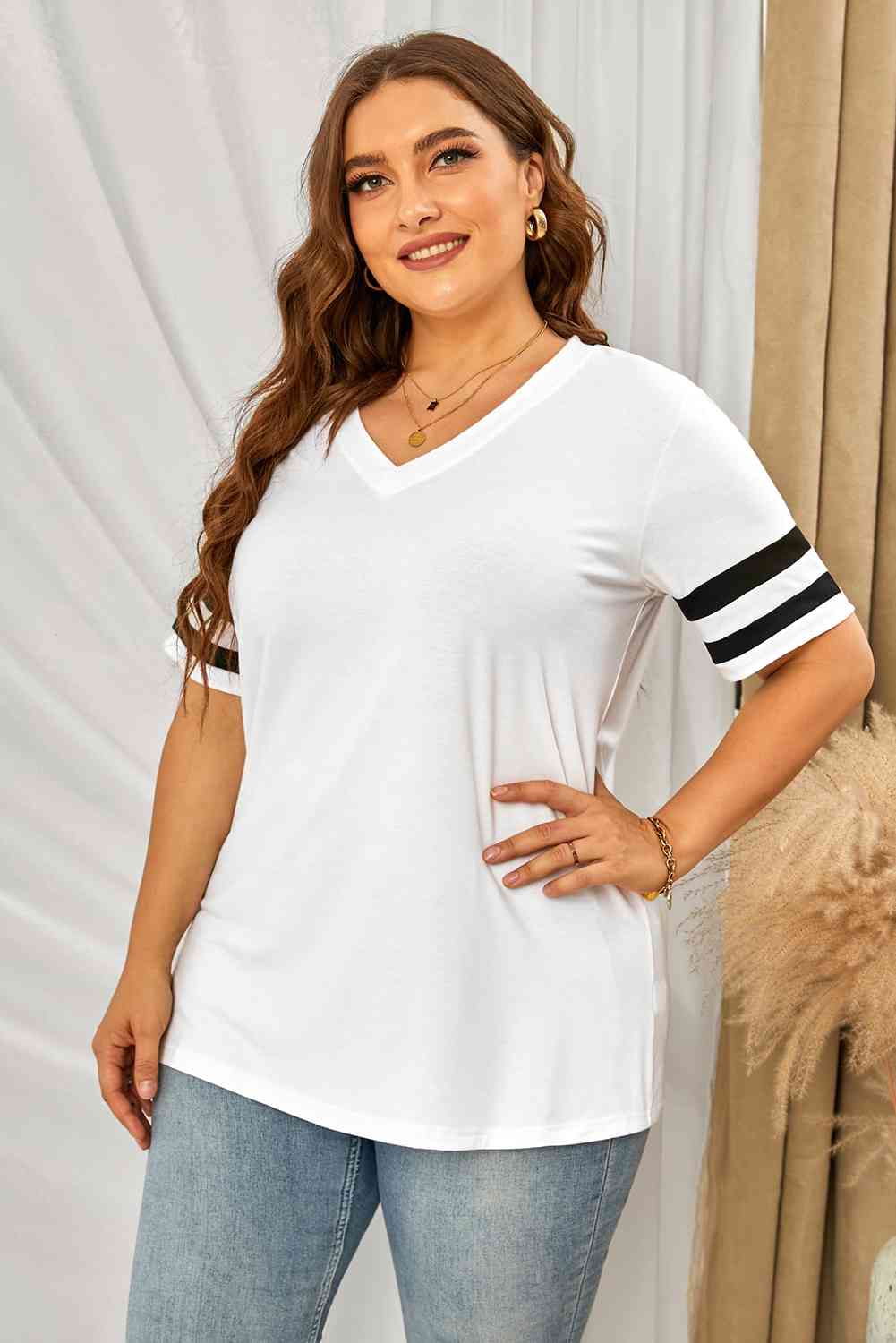 Plus Size Striped V-Neck Tee Shirt