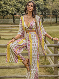 Printed Cami,Open Front Cover Up and Wide Leg Pants Set