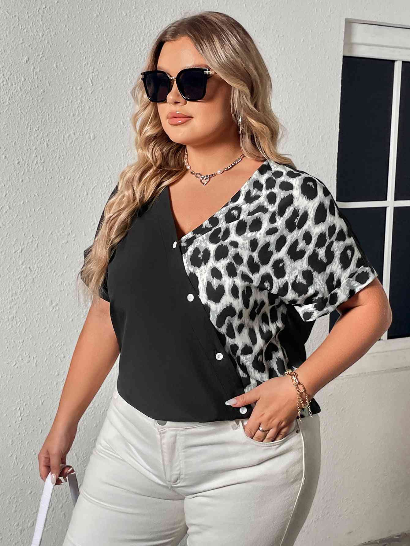 Plus Size Leopard Print Buttoned Surplice Neck Tee