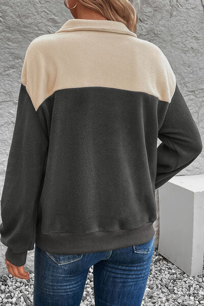 Color Block Quarter Button Dropped Shoulder Sweatshirt