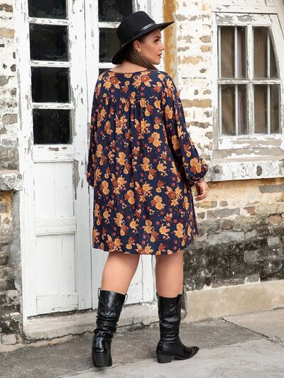 Plus Size Floral V-Neck Balloon Sleeve Dress