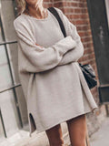 Openwork Round Neck Long Sleeve Slit Sweater