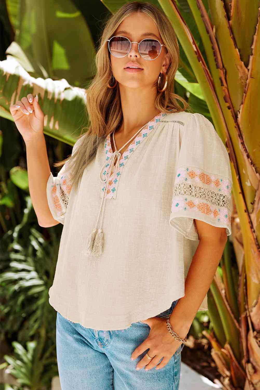 Bohemian Tassel Half Puff Sleeve Top