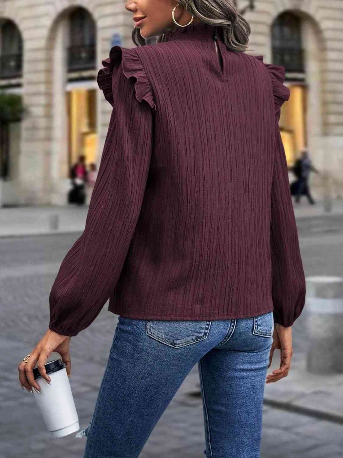 Mock Neck Ruffle Shoulder Blouse