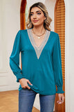 Lace Detail V-Neck Lantern Sleeve T-Shirt