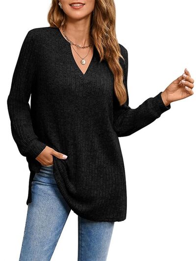 Slit Notched Pocketed Long Sleeve T-Shirt