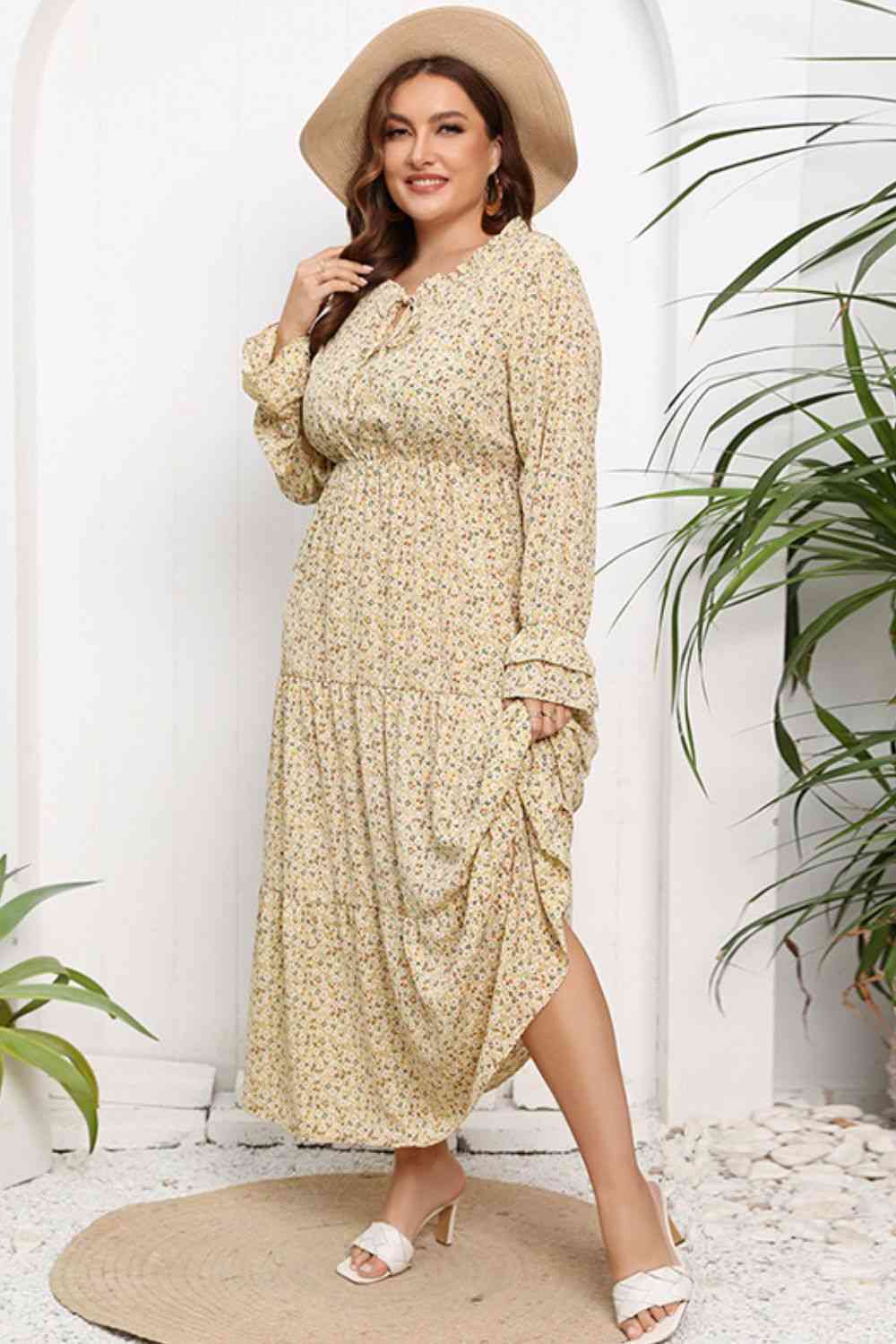 Plus Size Tied Frill Trim Flounce Sleeve Maxi Dress