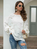 Full Size Boat Neck Lantern Sleeve Openwork Knit Top