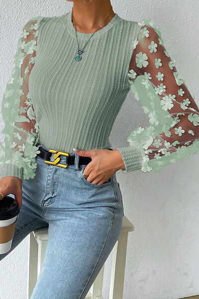 Double Take Textured Applique Long Sleeve Blouse