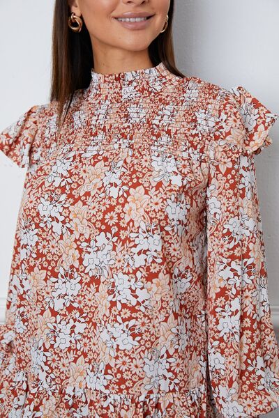 Floral Smocked Lantern Sleeve Ruffled Blouse