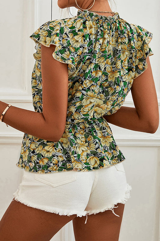 Floral Mock Neck Flutter Sleeve Peplum Top