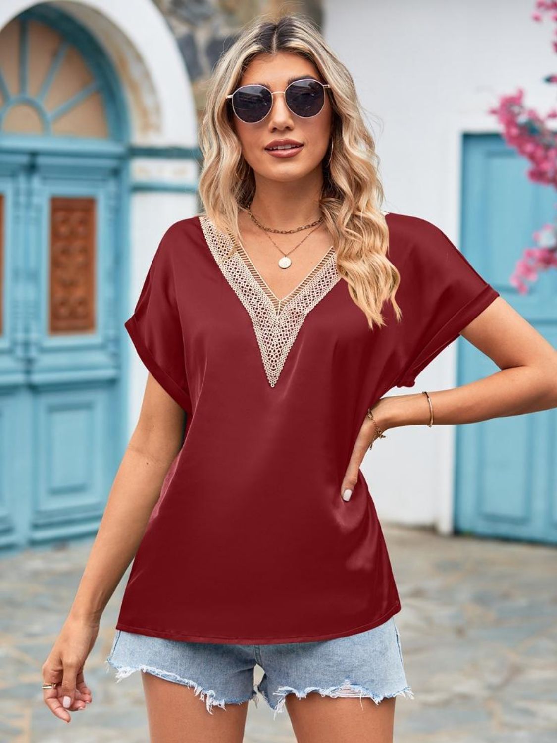 V-Neck Cuffed Blouse