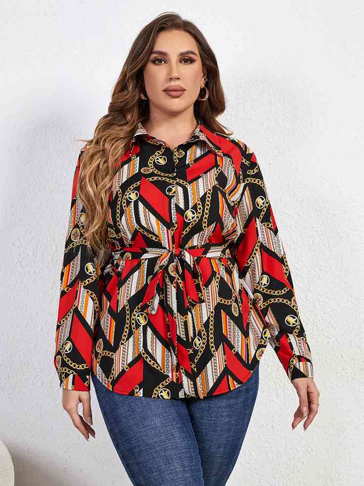 Plus Size Printed Collared Neck Tie Waist Long Sleeve Shirt