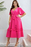 Belted Frill Trim Flutter Sleeve Dress