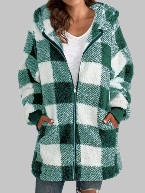 Plaid Zip-Up Hooded Jacket with Pockets