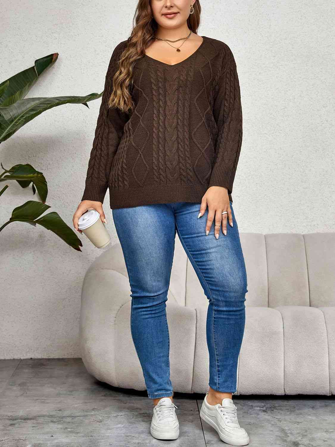 Plus Size V-Neck Cable-Knit Long Sleeve Sweater