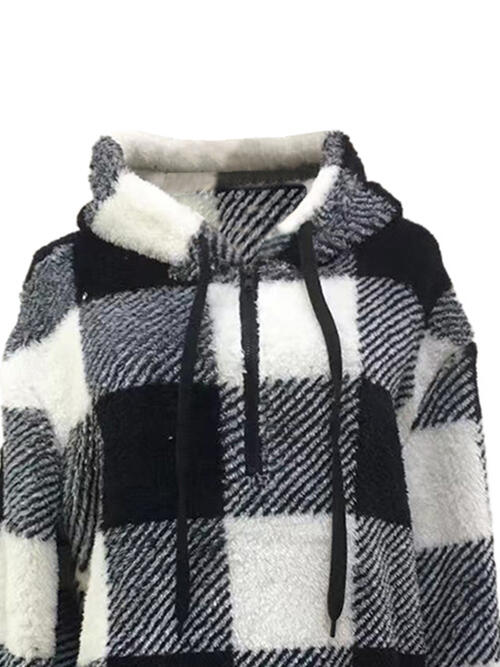 Plaid Half Zip Drawstring Hoodie