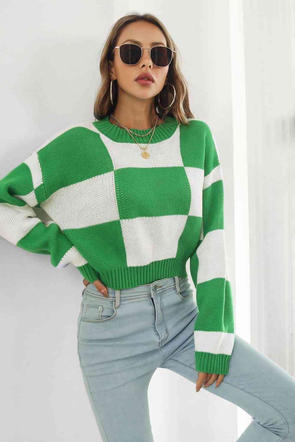 Color Block Round Neck Dropped Shoulder Sweater