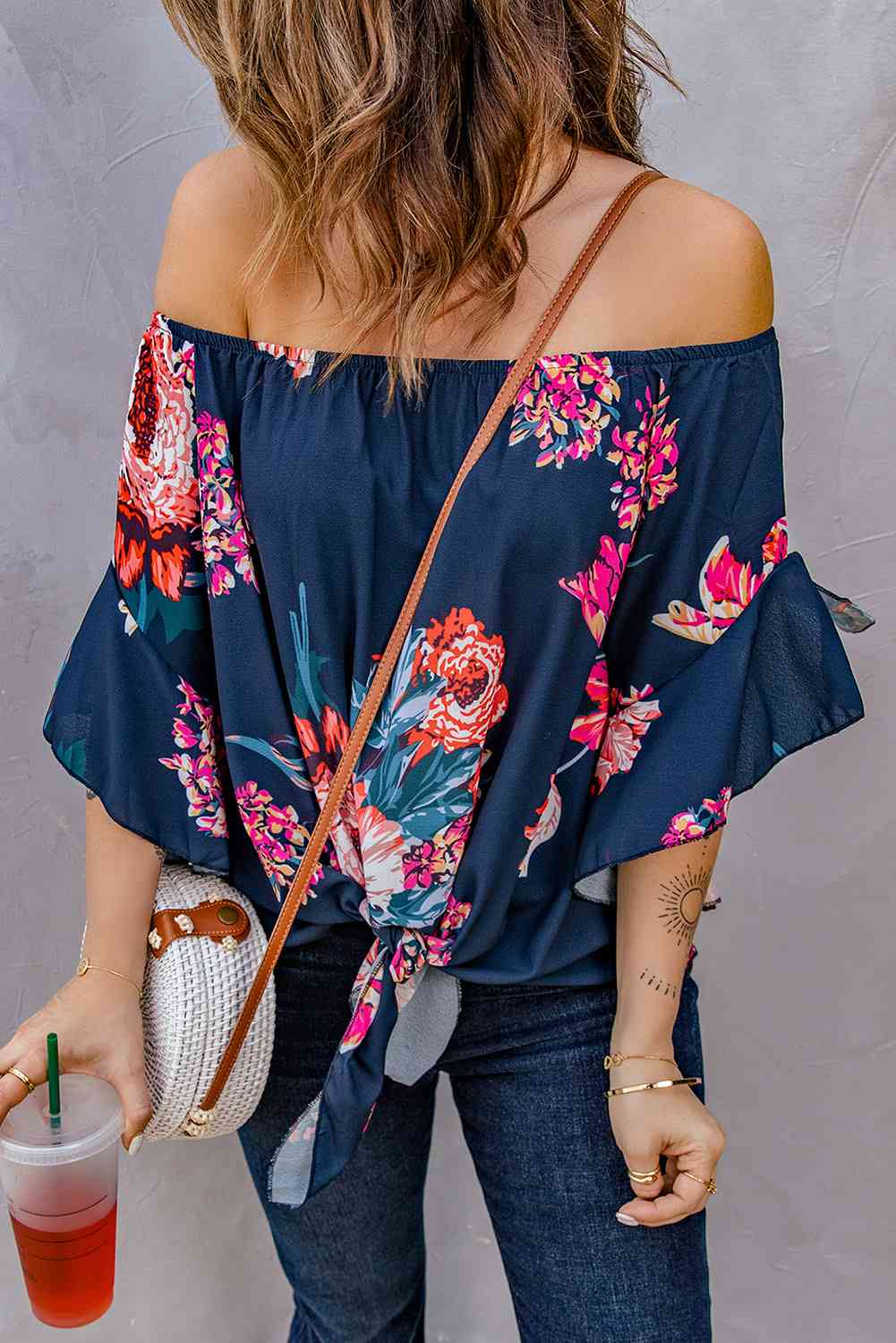 Printed Off-Shoulder Flounce Sleeve Top