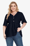 Plus Size Buttoned V-Neck Frill Trim Babydoll Blouse